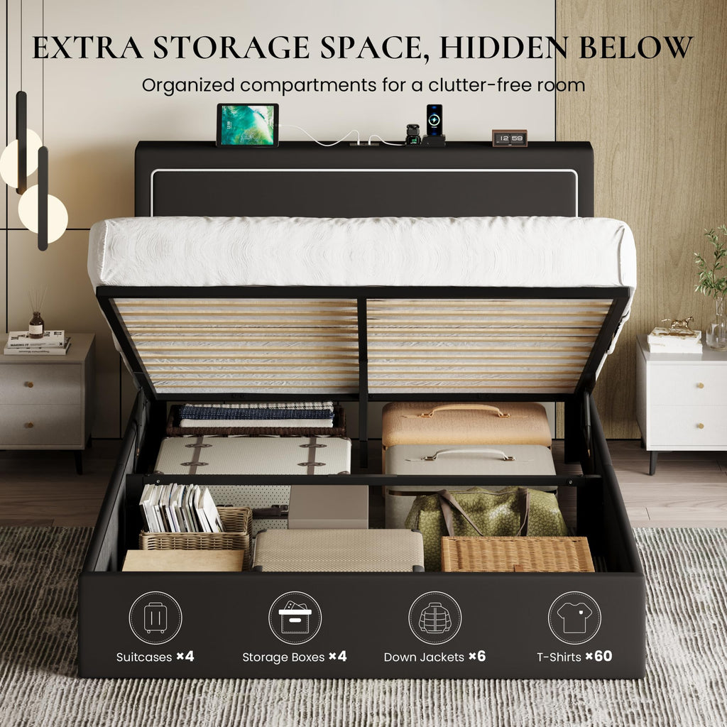 Full Size Lift Up Storage Bed Frame with LED Lights, Black G67074