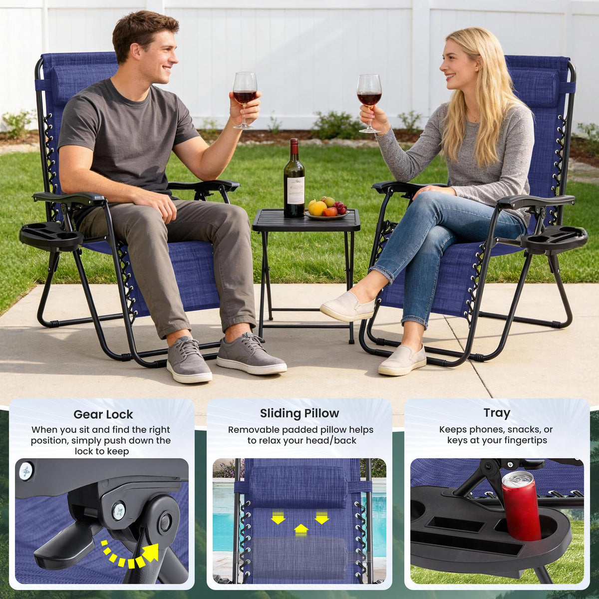 Oversized Padded Zero Gravity Chair Set of 2 with Pillow & Cup Holder B814513