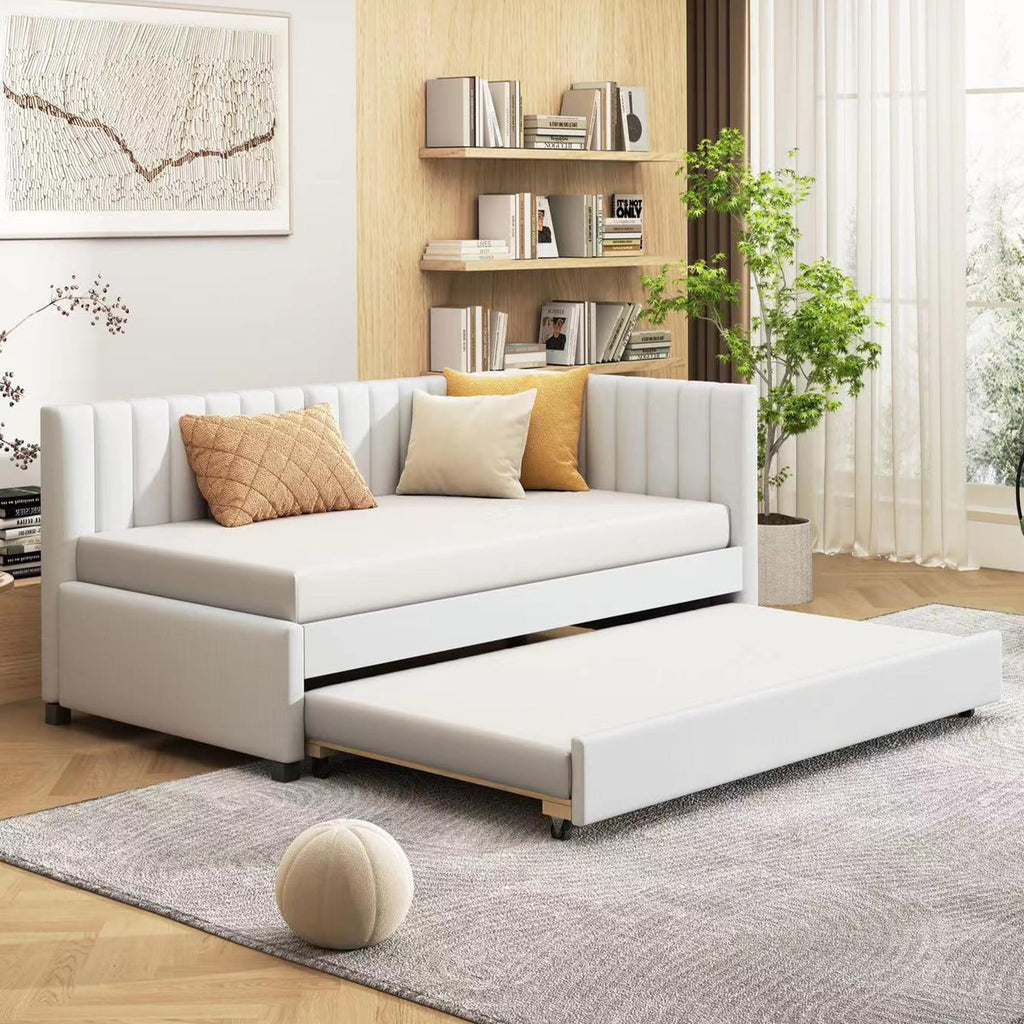 Beige Linen Twin Daybed with Pull-Out Trundle F564954