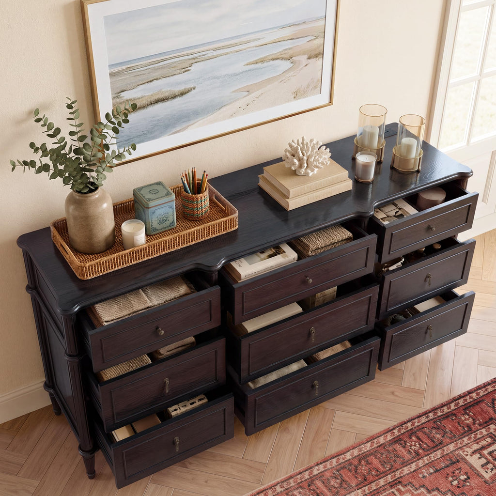 63" 9-Drawer Wood Dresser with Power Outlet, Black D651873
