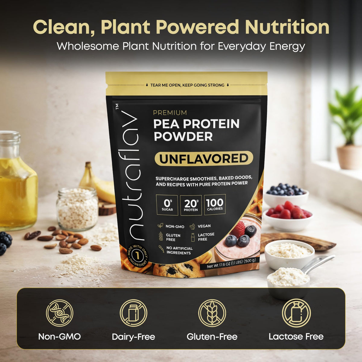 Unflavored Vegan Pea Protein Powder, 20 Servings N5329