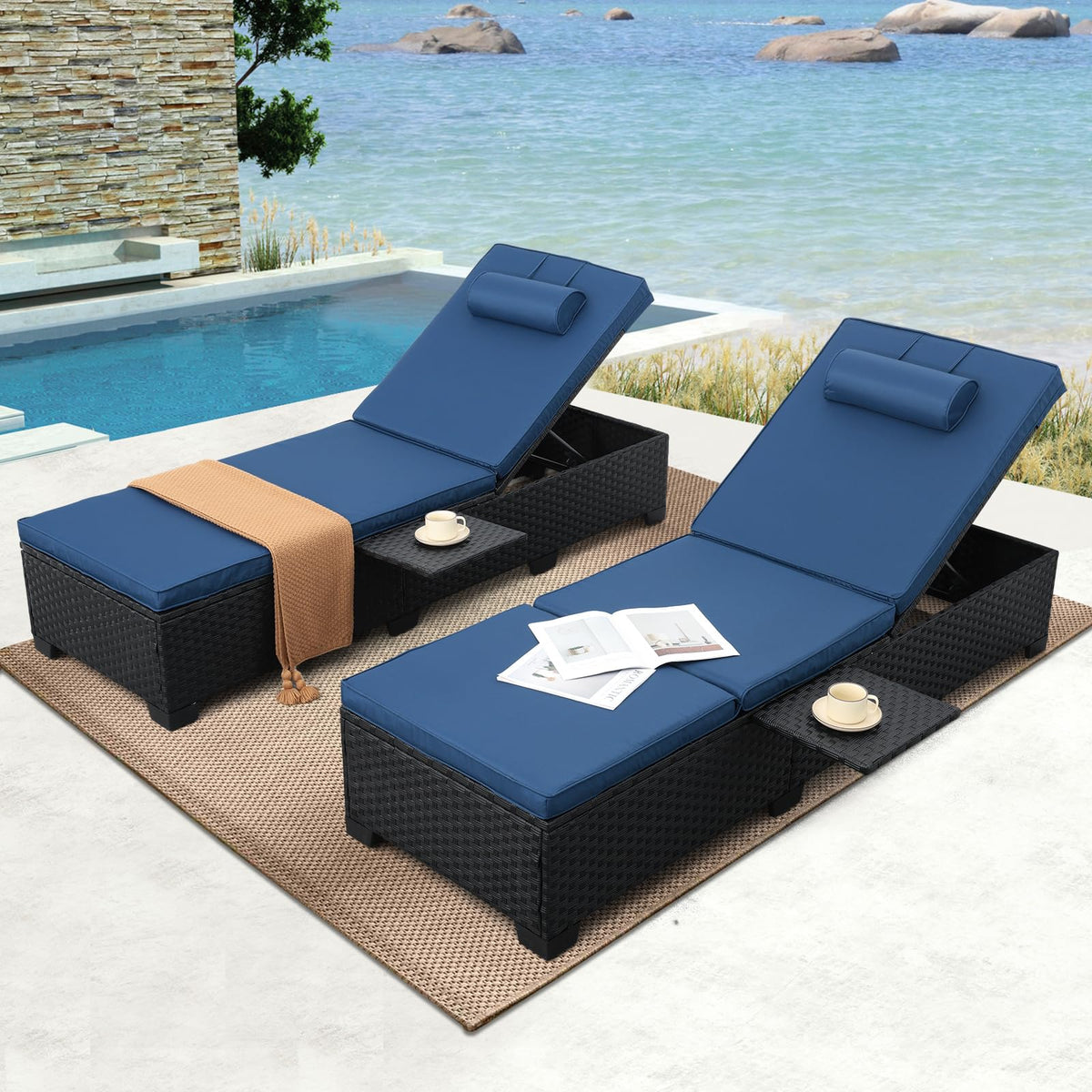Black Wicker Chaise Lounge Chairs Set of 2 with Navy Blue Cushion D3758