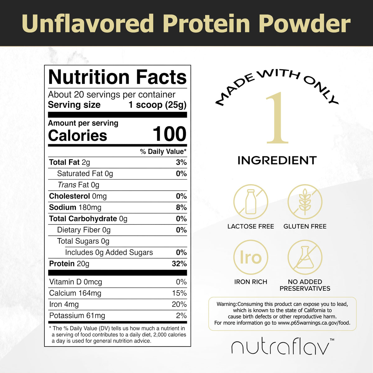Unflavored Vegan Pea Protein Powder, 20 Servings N5329