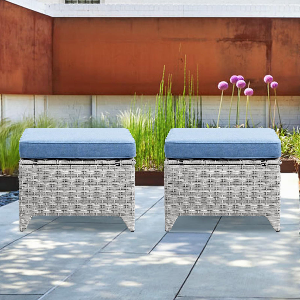 Wicker Outdoor Ottomans Set of 2 Handwoven Rattan Footstools with Removable Cushions C801
