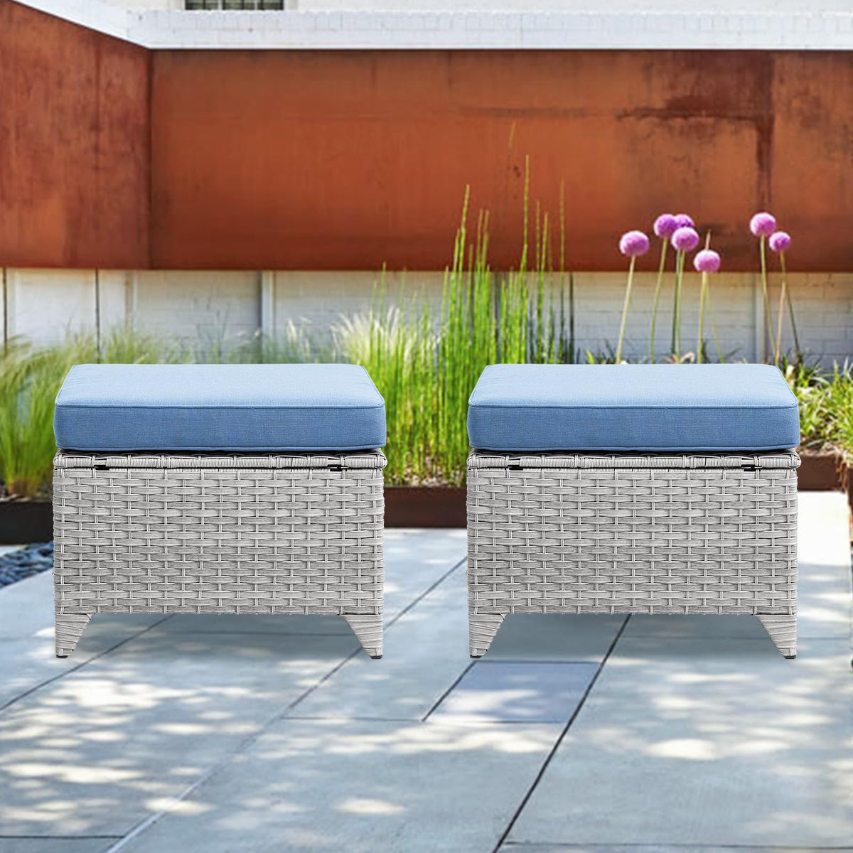 Wicker Outdoor Ottomans Set of 2 Handwoven Rattan Footstools with Removable Cushions C801