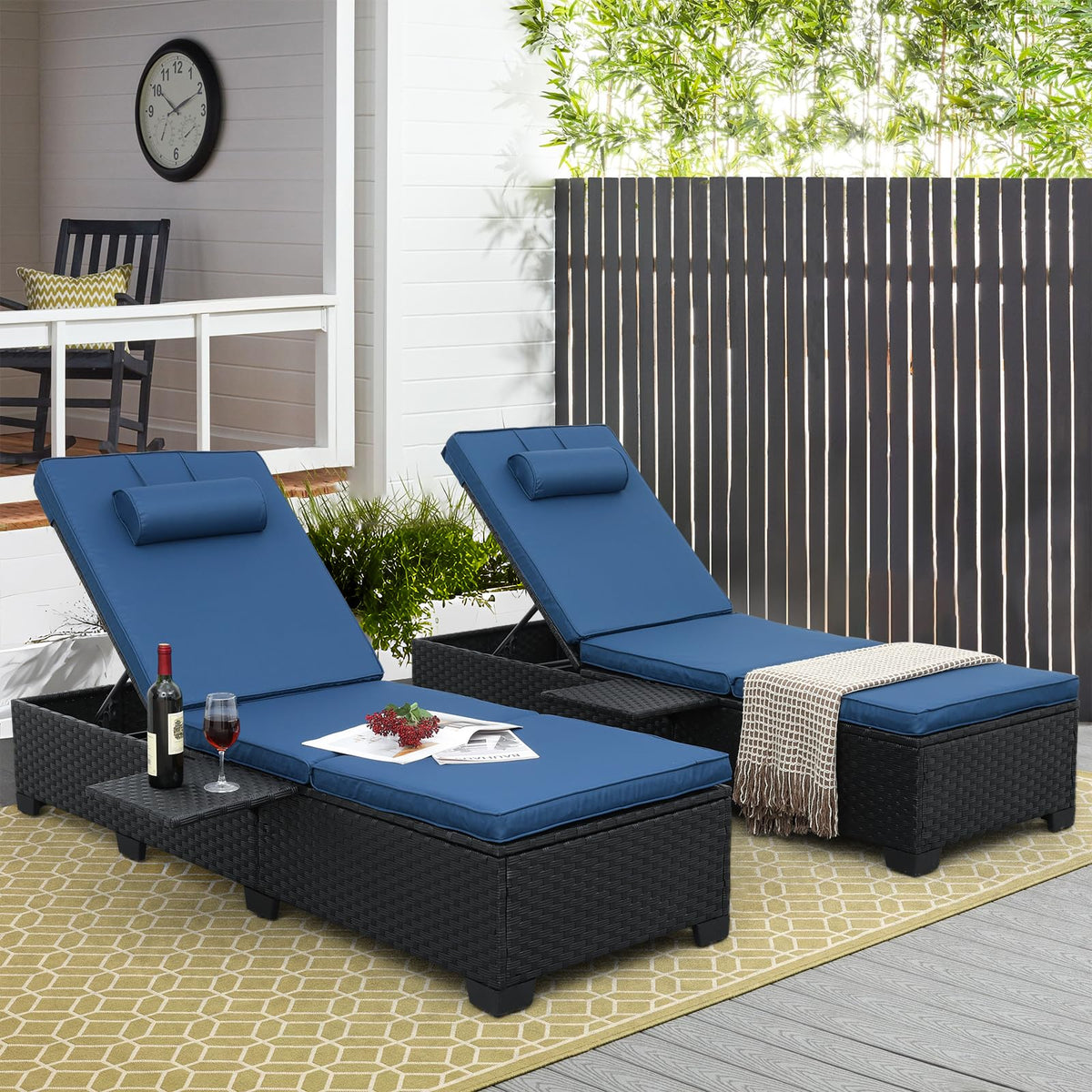 Black Wicker Chaise Lounge Chairs Set of 2 with Navy Blue Cushion D3758