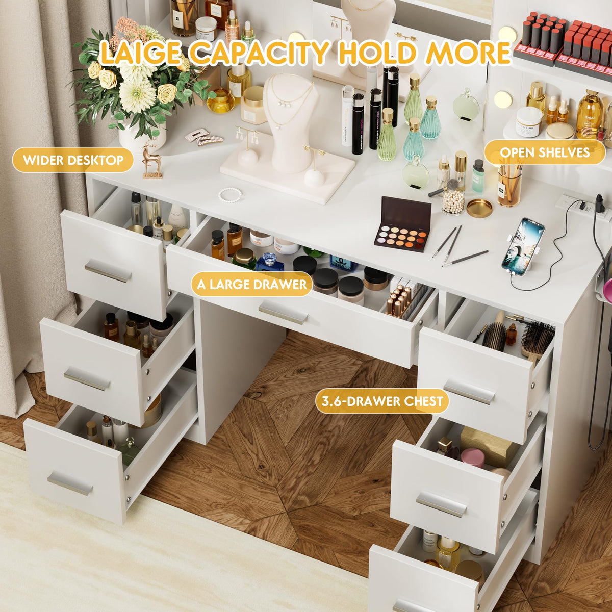 White Vanity Desk with Lighted Mirror and 7 Drawers G78447