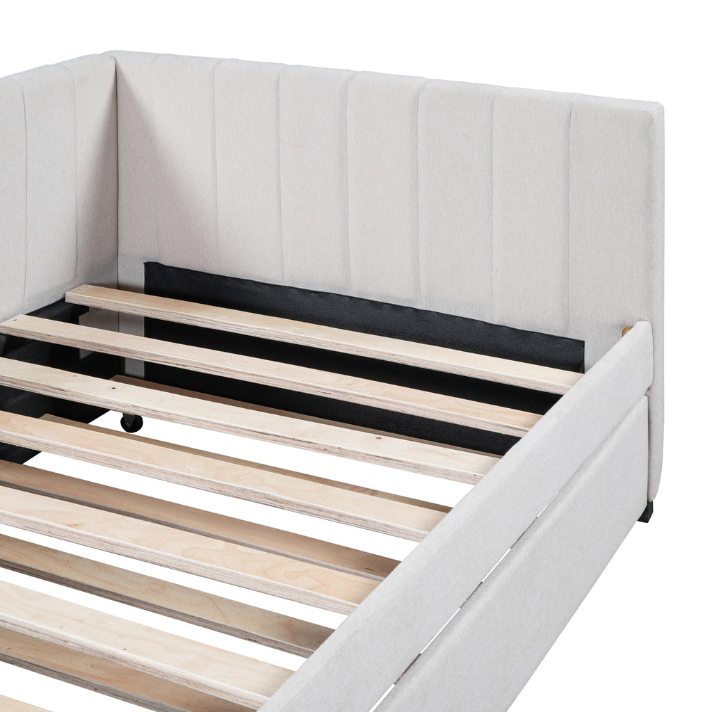 Beige Linen Twin Daybed with Pull-Out Trundle F564954