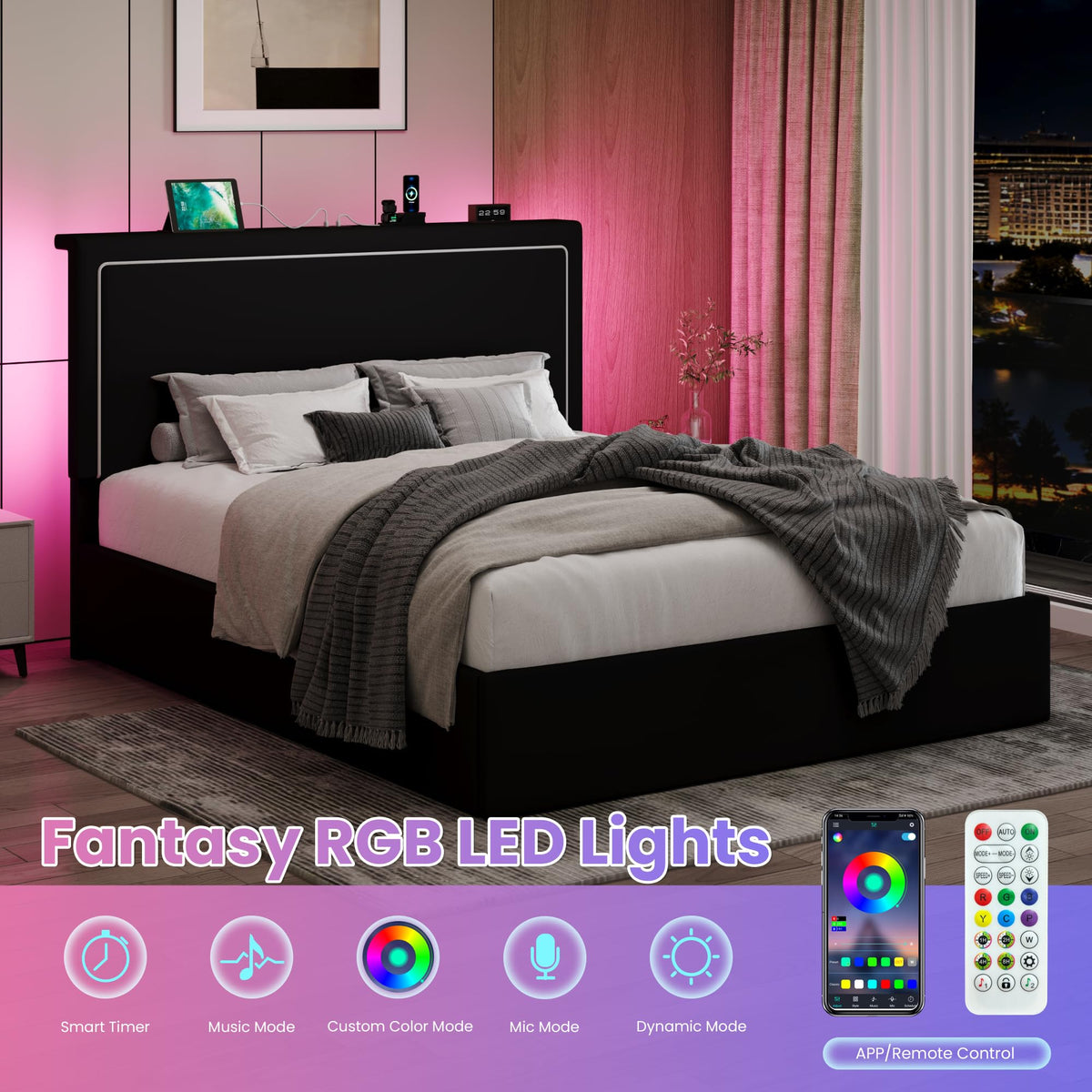 Full Size Lift Up Storage Bed Frame with LED Lights, Black G67074