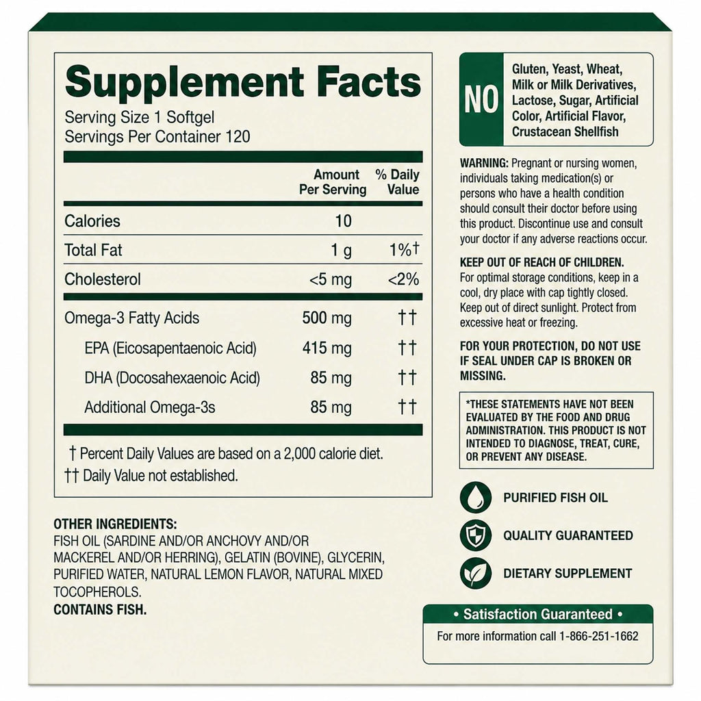 Omega-3 Fish Oil 500 mg 120 Count SoftGels Dietary Supplement P934