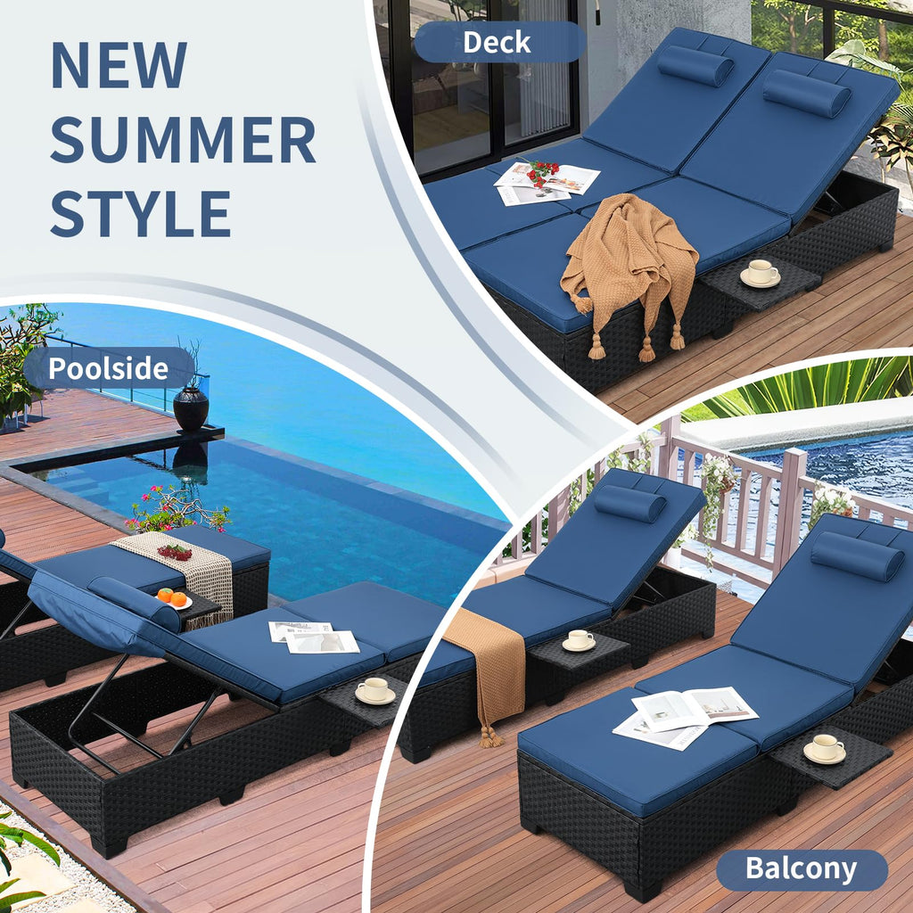 Black Wicker Chaise Lounge Chairs Set of 2 with Navy Blue Cushion D3758