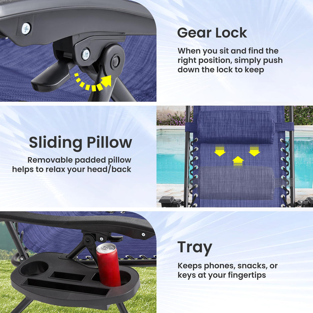 Oversized Padded Zero Gravity Chair Set of 2 with Pillow & Cup Holder B814513