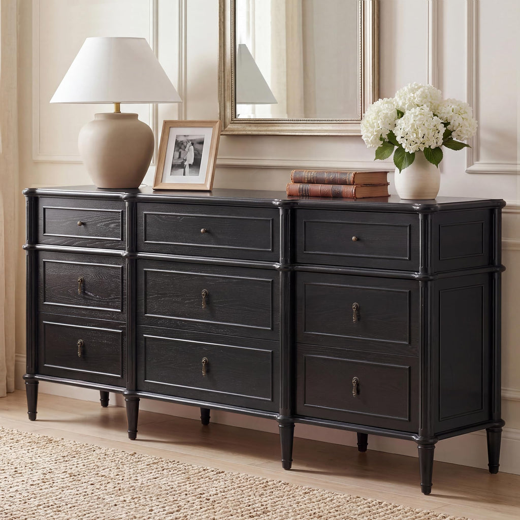 63" 9-Drawer Wood Dresser with Power Outlet, Black D651873