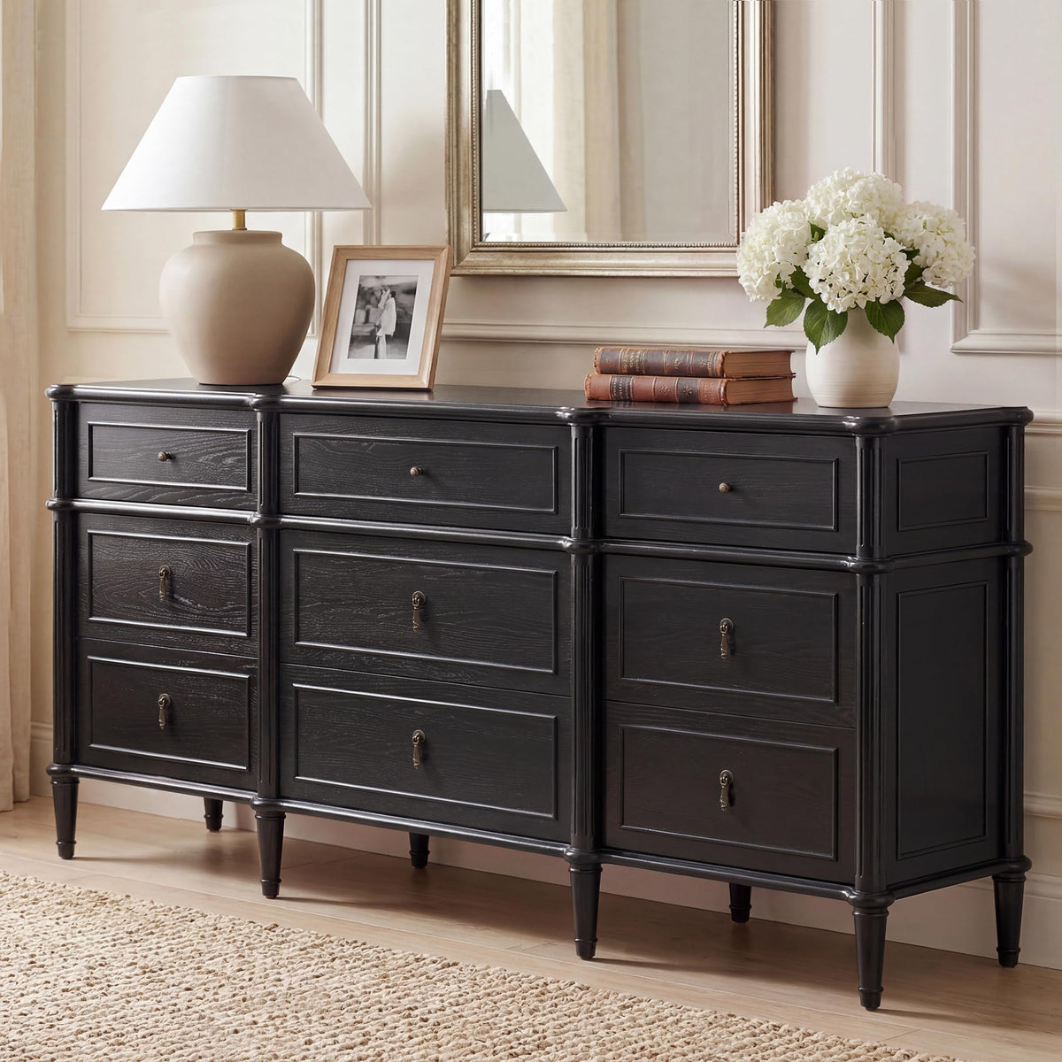 63" 9-Drawer Wood Dresser with Power Outlet, Black D651873