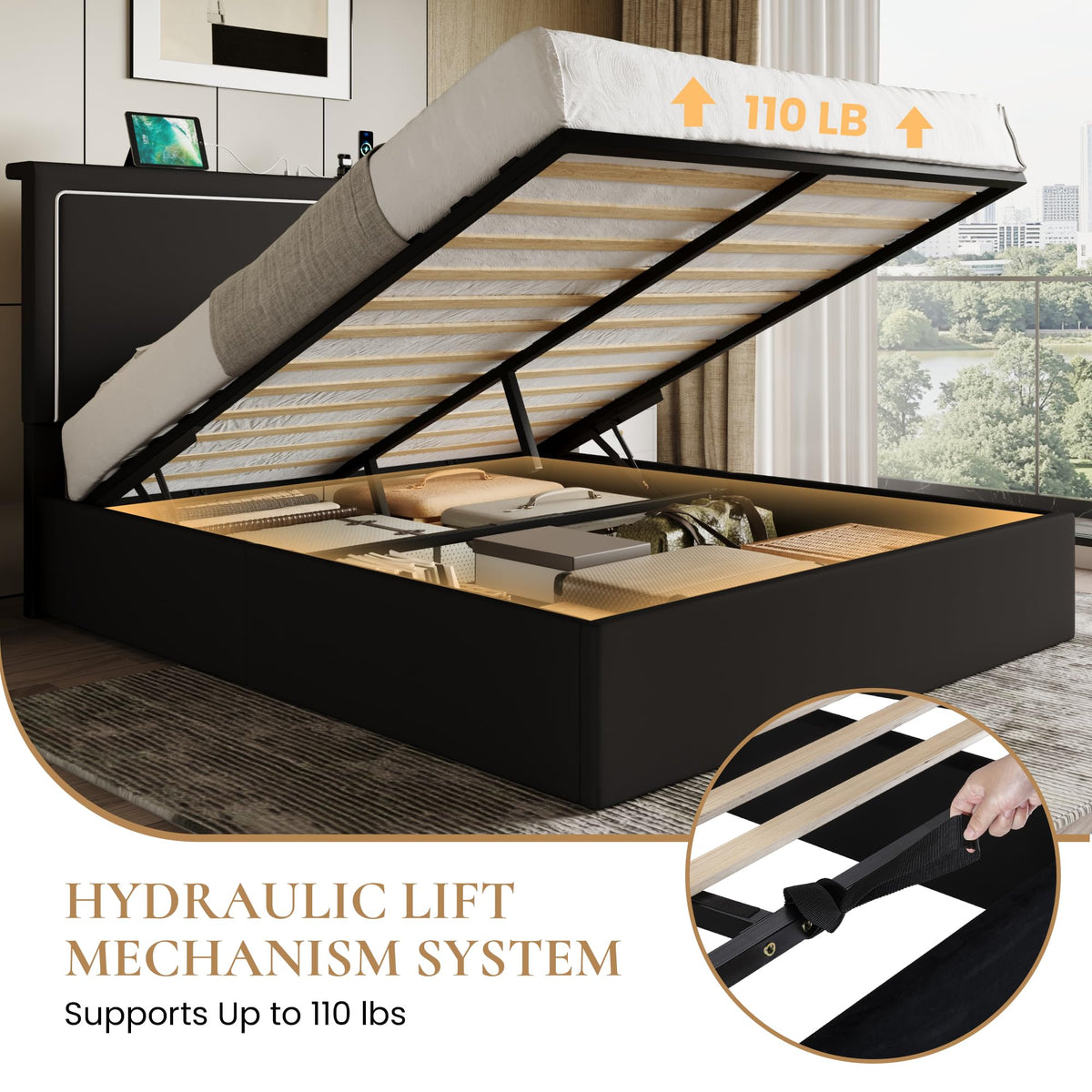Full Size Lift Up Storage Bed Frame with LED Lights, Black G67074