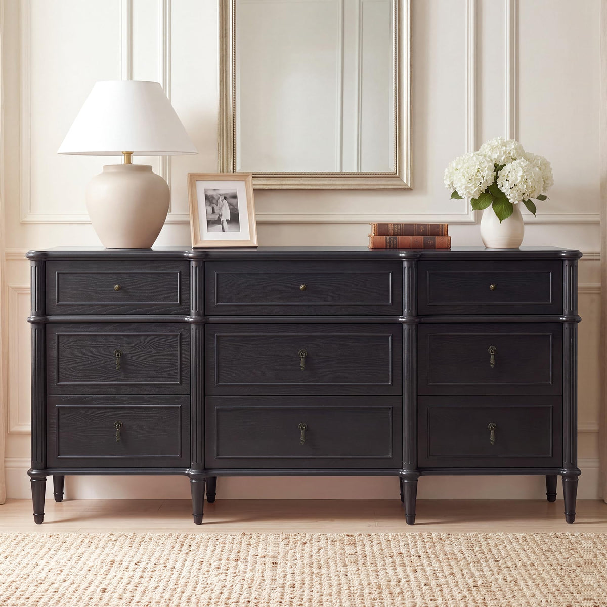63" 9-Drawer Wood Dresser with Power Outlet, Black D651873