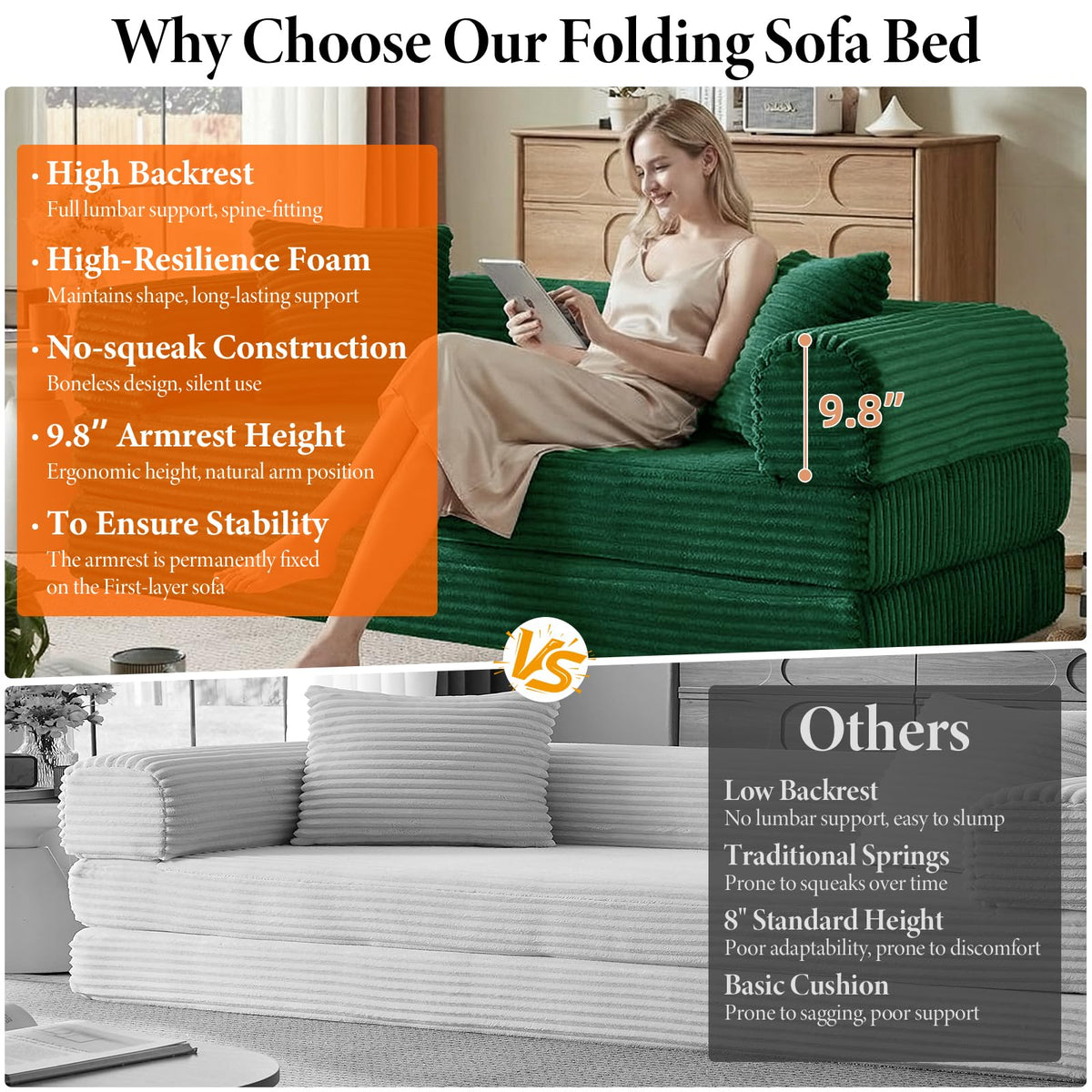 Green Corduroy Convertible Futon Sofa Bed Z559039