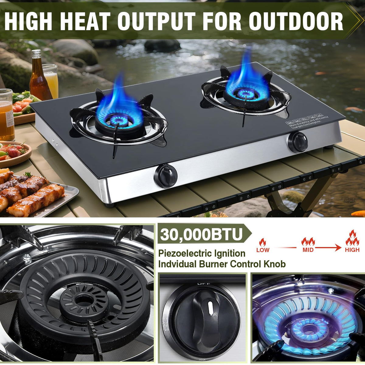 2-Burner Propane Gas Cooktop Portable Tempered Glass Stove E291