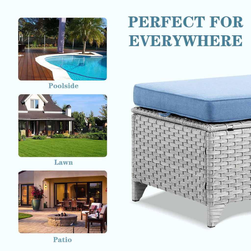 Wicker Outdoor Ottomans Set of 2 Handwoven Rattan Footstools with Removable Cushions C801