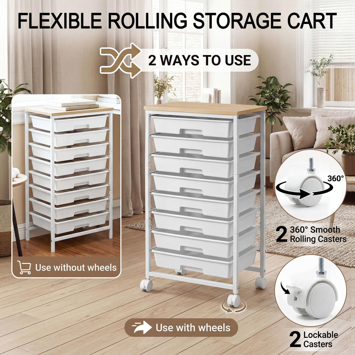 8 Drawer Rolling Storage Cart with Wooden Tabletop O2780