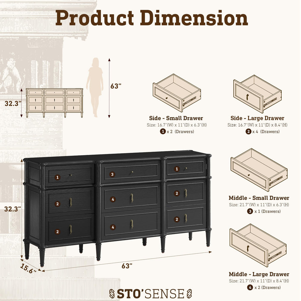 63" 9-Drawer Wood Dresser with Power Outlet, Black D651873