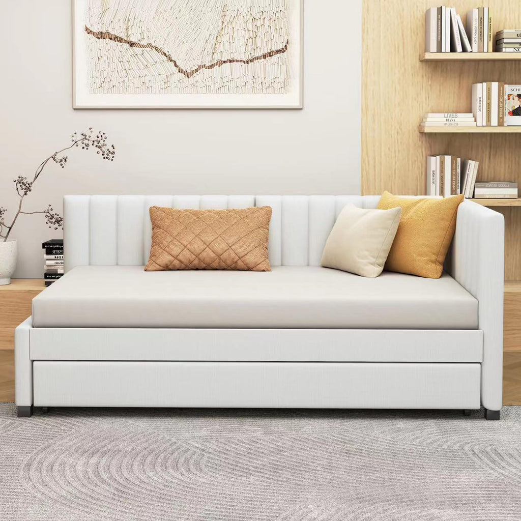 Beige Linen Twin Daybed with Pull-Out Trundle F564954
