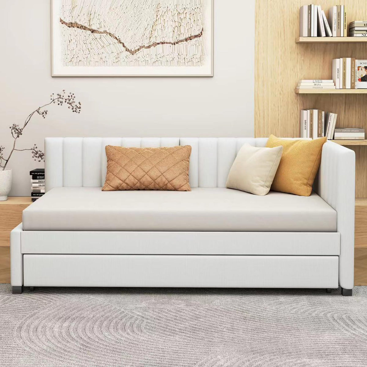 Beige Linen Twin Daybed with Pull-Out Trundle F564954