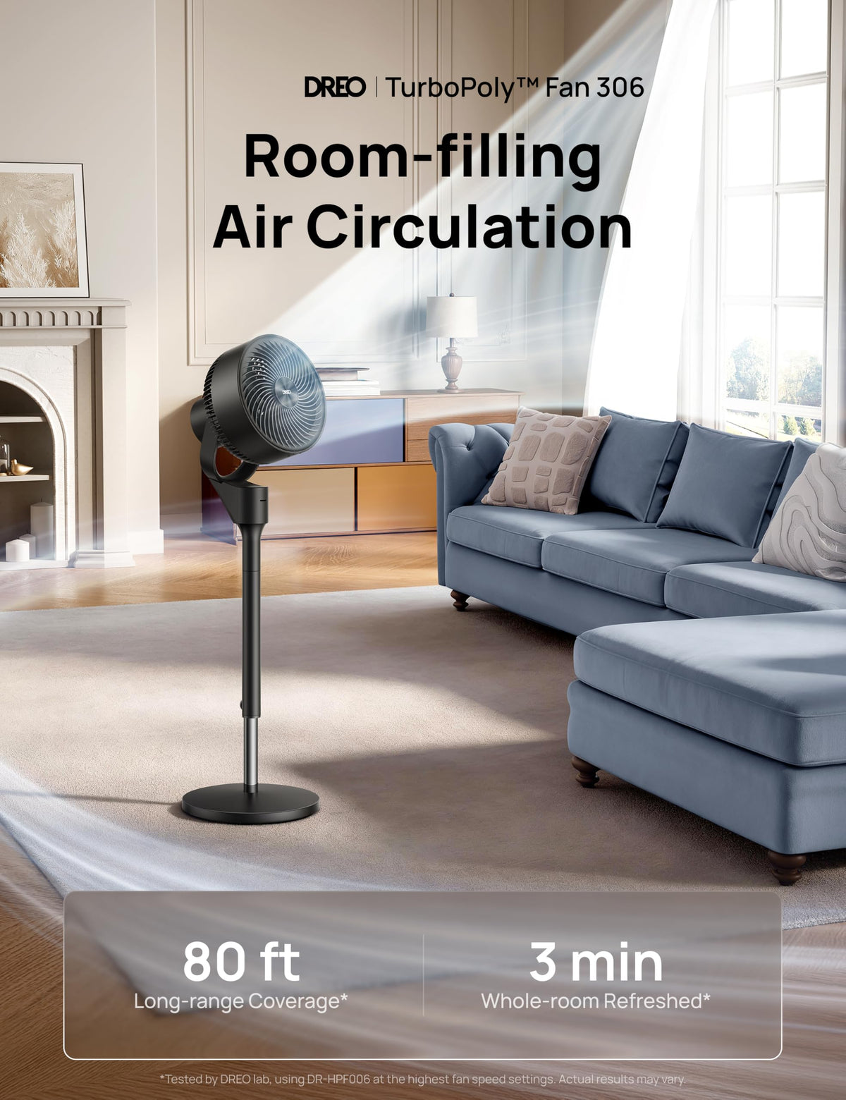 80° Oscillating Standing Fan, 20dB Quiet, 3 Speeds, Remote, Adjustable Height T145