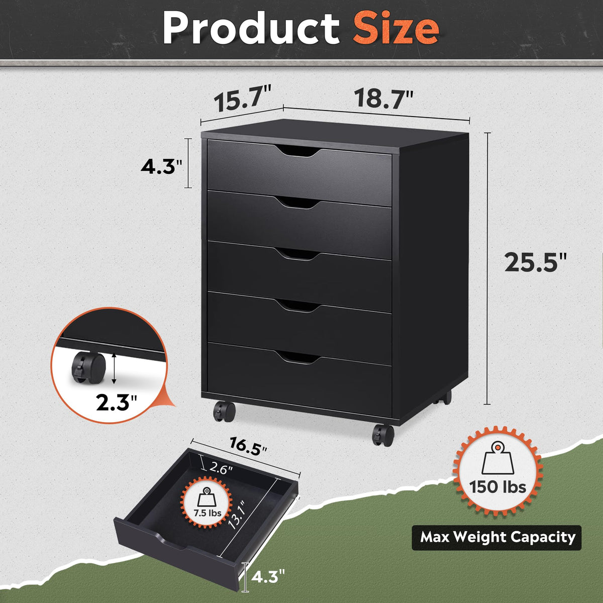 5 Drawer Black Filing Cabinet W5515