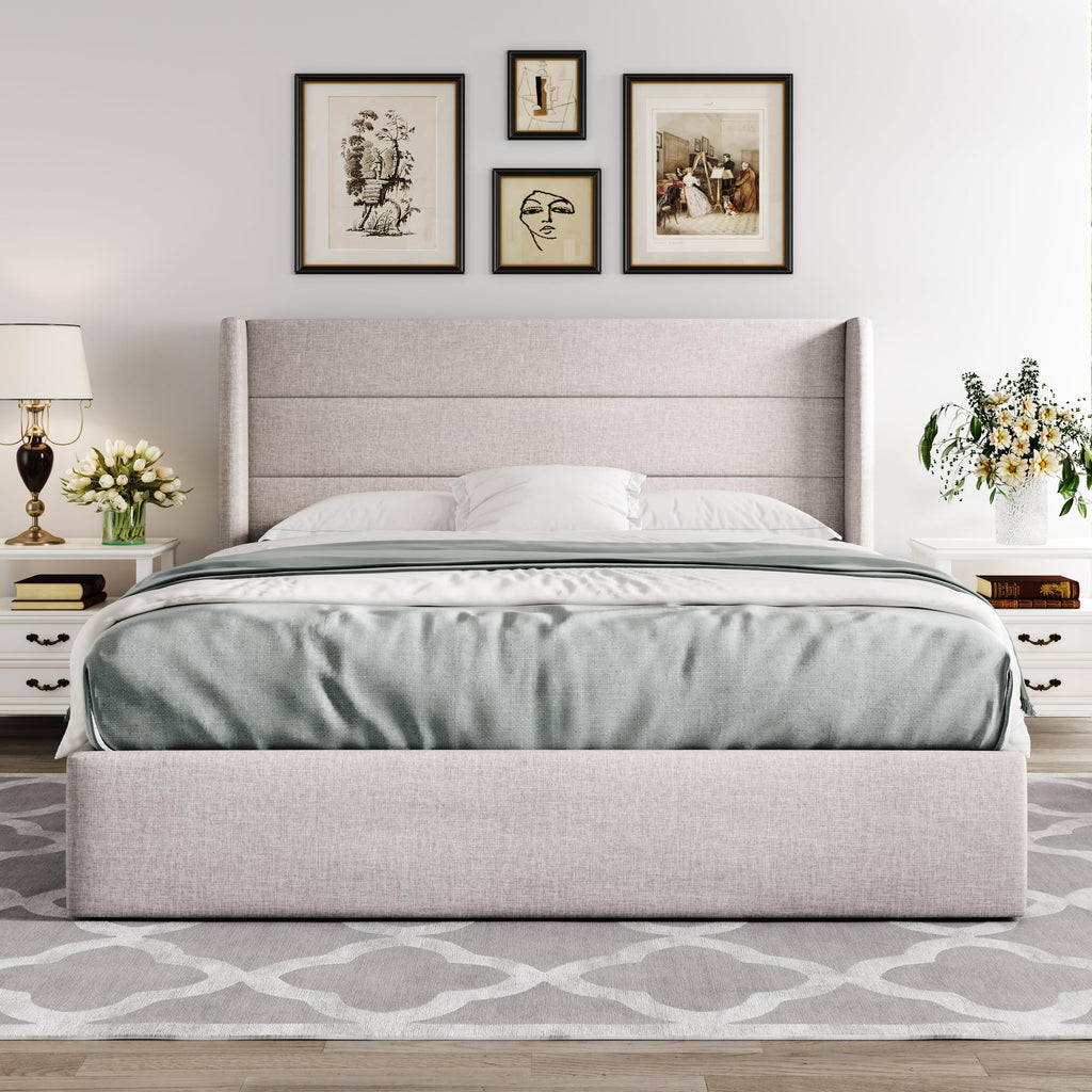 Queen Size Lift Up Storage Bed Frame Light Beige F527336
