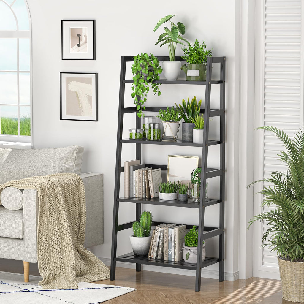 Black 4-Tier Bamboo Ladder Shelf D106492