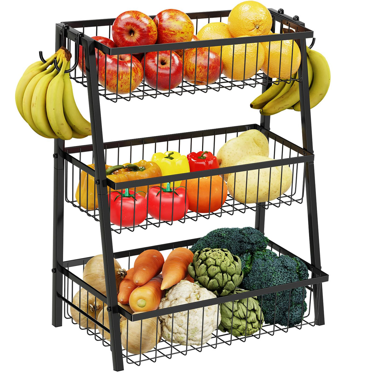 3-Tier Black Metal Wire Fruit Basket with Banana Hooks E508