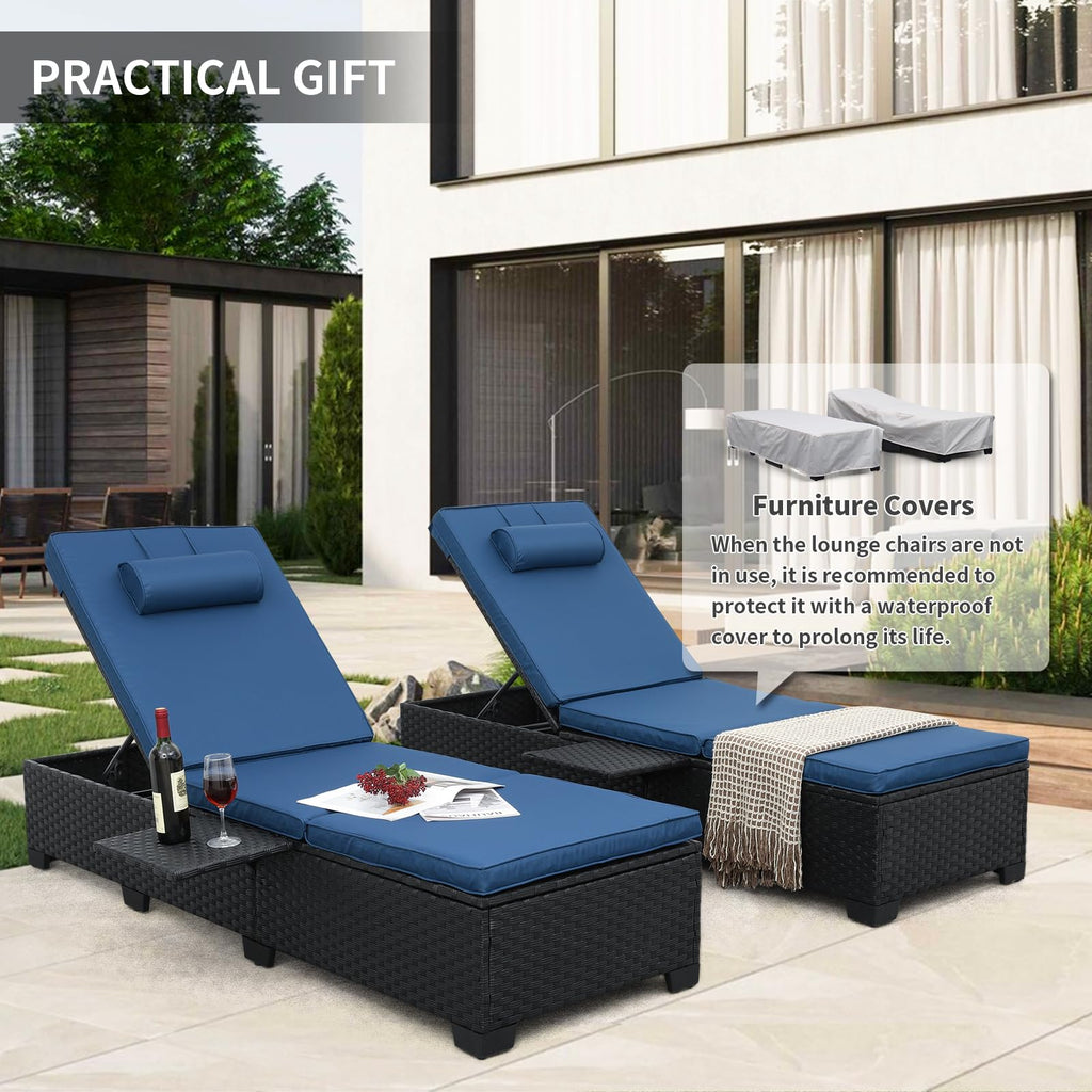 Black Wicker Chaise Lounge Chairs Set of 2 with Navy Blue Cushion D3758