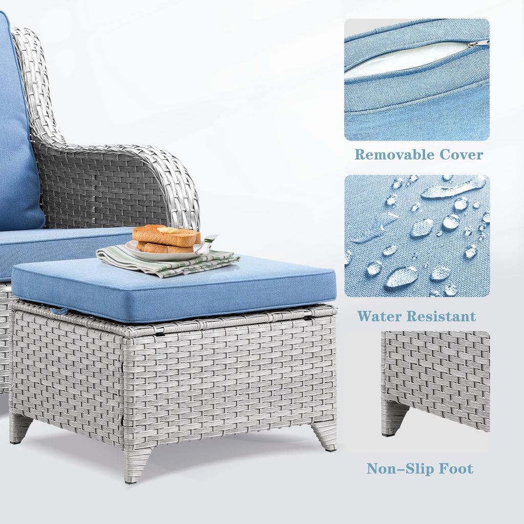 Wicker Outdoor Ottomans Set of 2 Handwoven Rattan Footstools with Removable Cushions C801