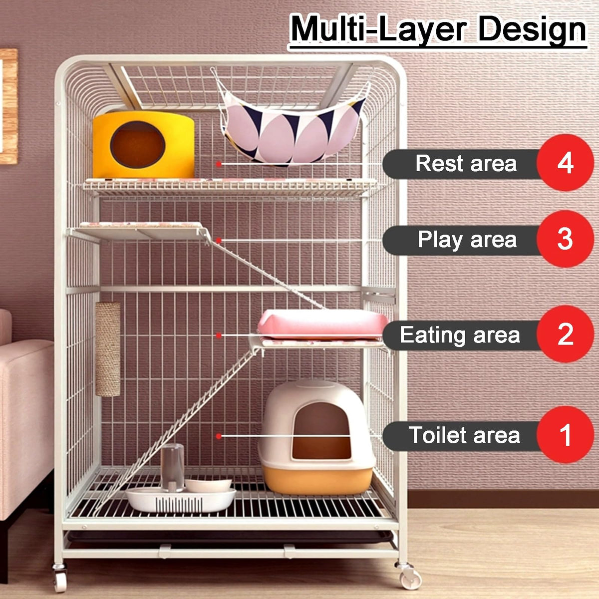 4-Tier Detachable Metal Wire Cat Cage with Hammock F707