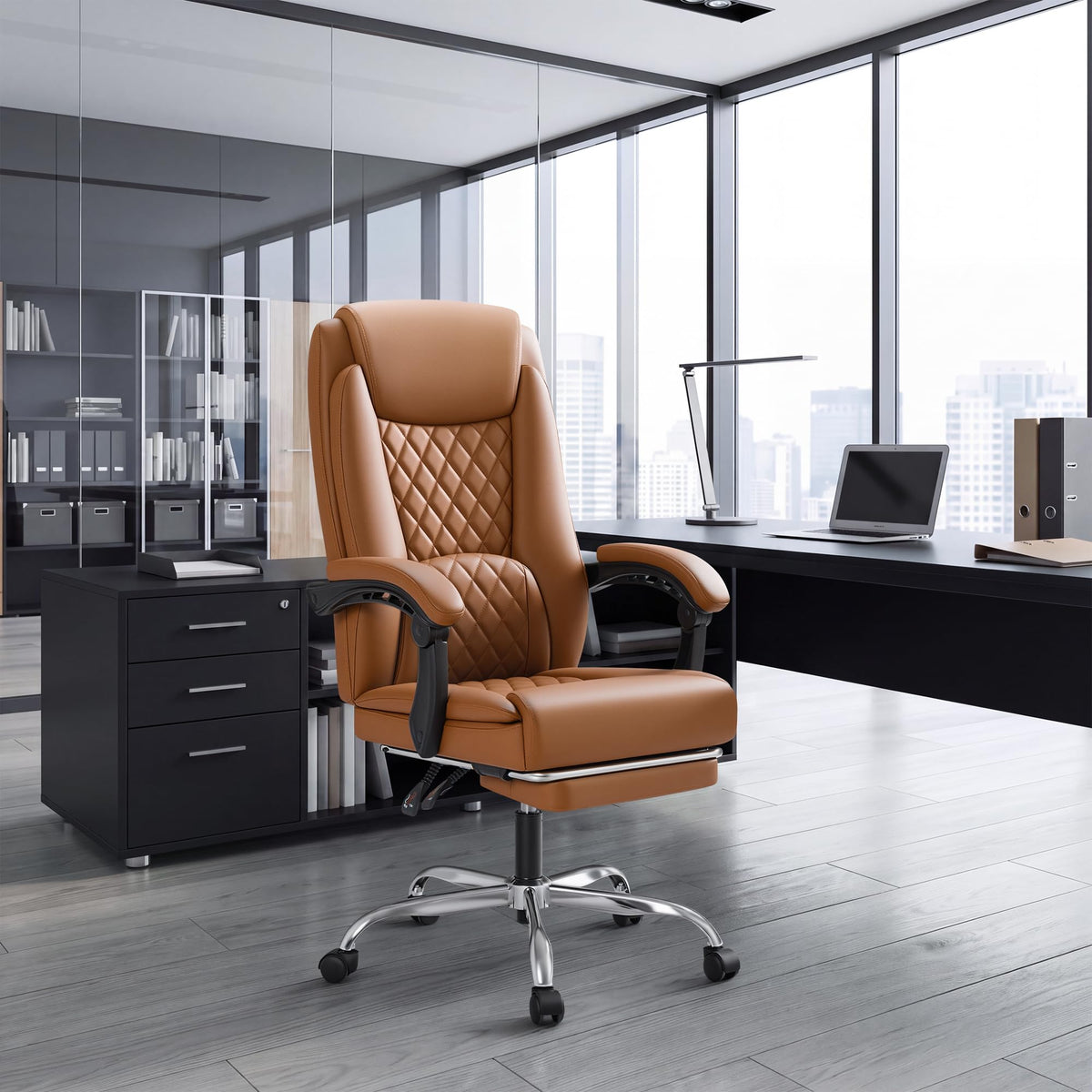 Brown Leather Ergonomic High Back Office Chair with Footrest K1950