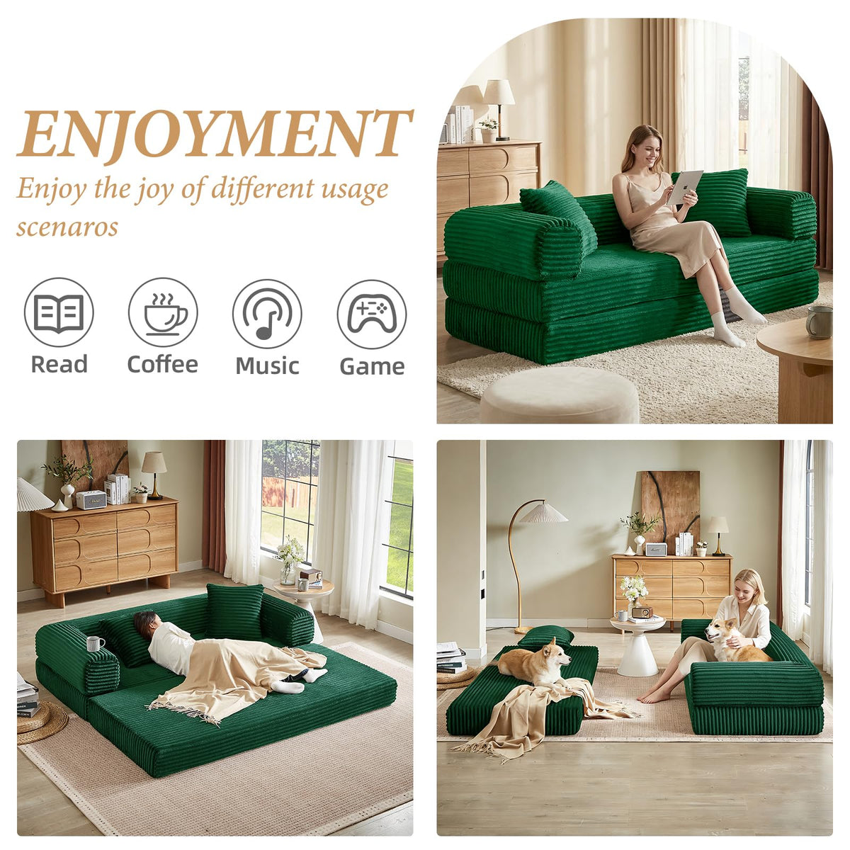 Green Corduroy Convertible Futon Sofa Bed Z559039