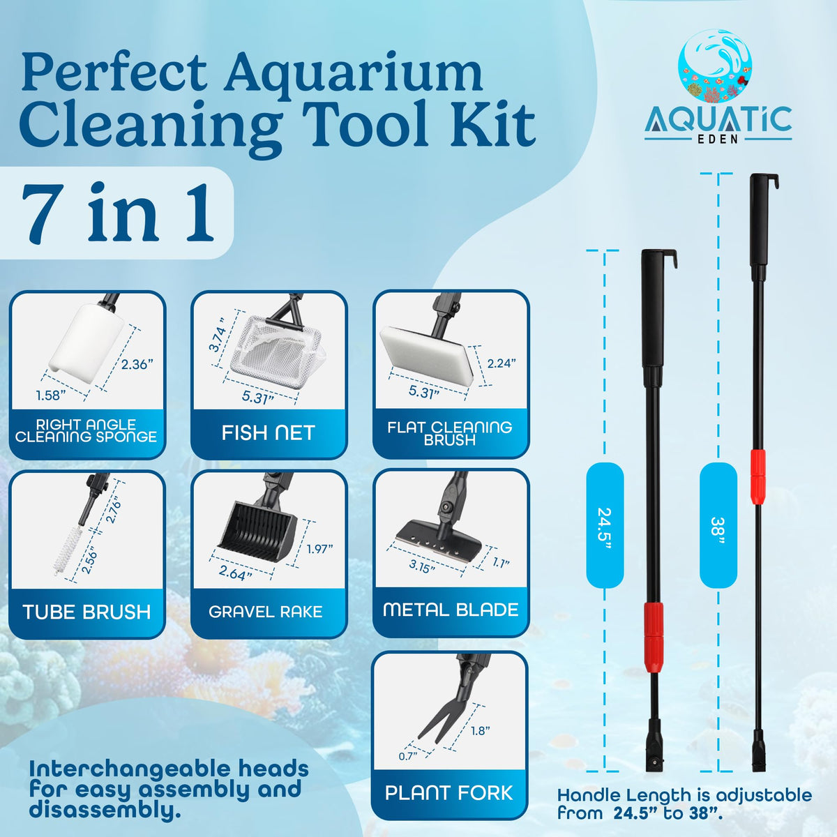 7 in 1 Aquarium Cleaning Kit with Algae Scraper, Fish Net, Gravel Rake & Brush X328296