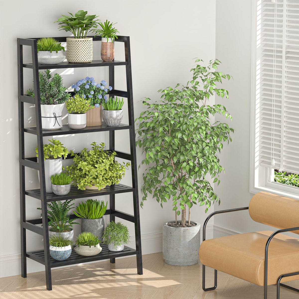 Black 4-Tier Bamboo Ladder Shelf D106492