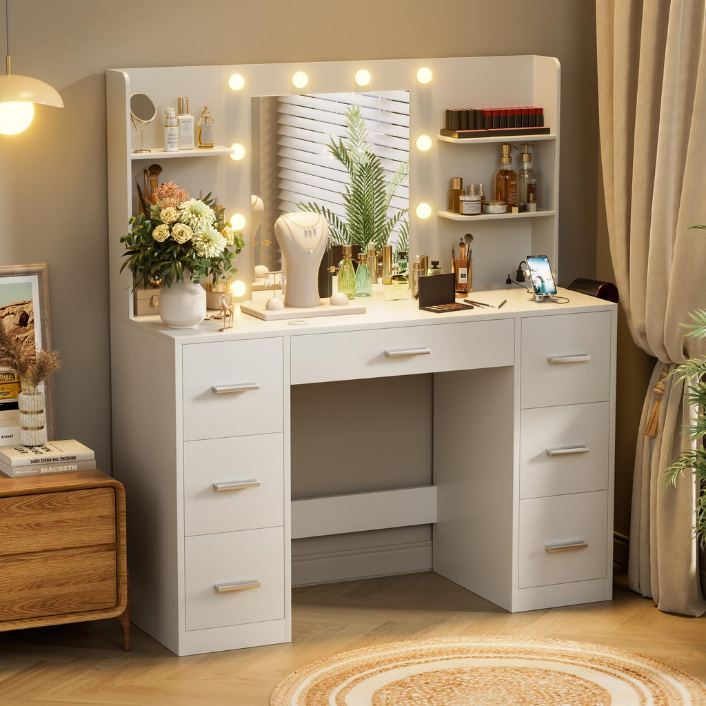 White Vanity Desk with Lighted Mirror and 7 Drawers G78447