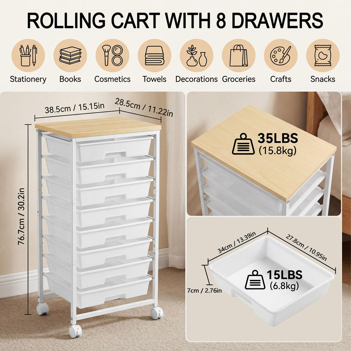 8 Drawer Rolling Storage Cart with Wooden Tabletop O2780