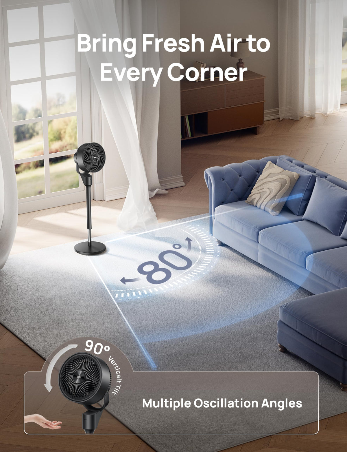 80° Oscillating Standing Fan, 20dB Quiet, 3 Speeds, Remote, Adjustable Height T145