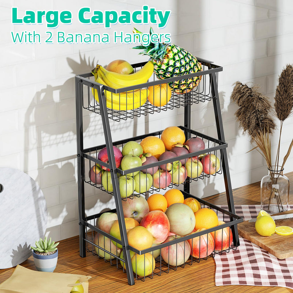 3-Tier Black Metal Wire Fruit Basket with Banana Hooks E508