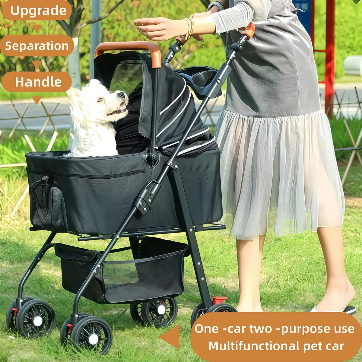 Black Foldable Pet Stroller with Storage Basket U71286