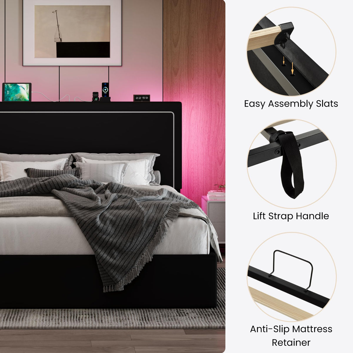 Full Size Lift Up Storage Bed Frame with LED Lights, Black G67074