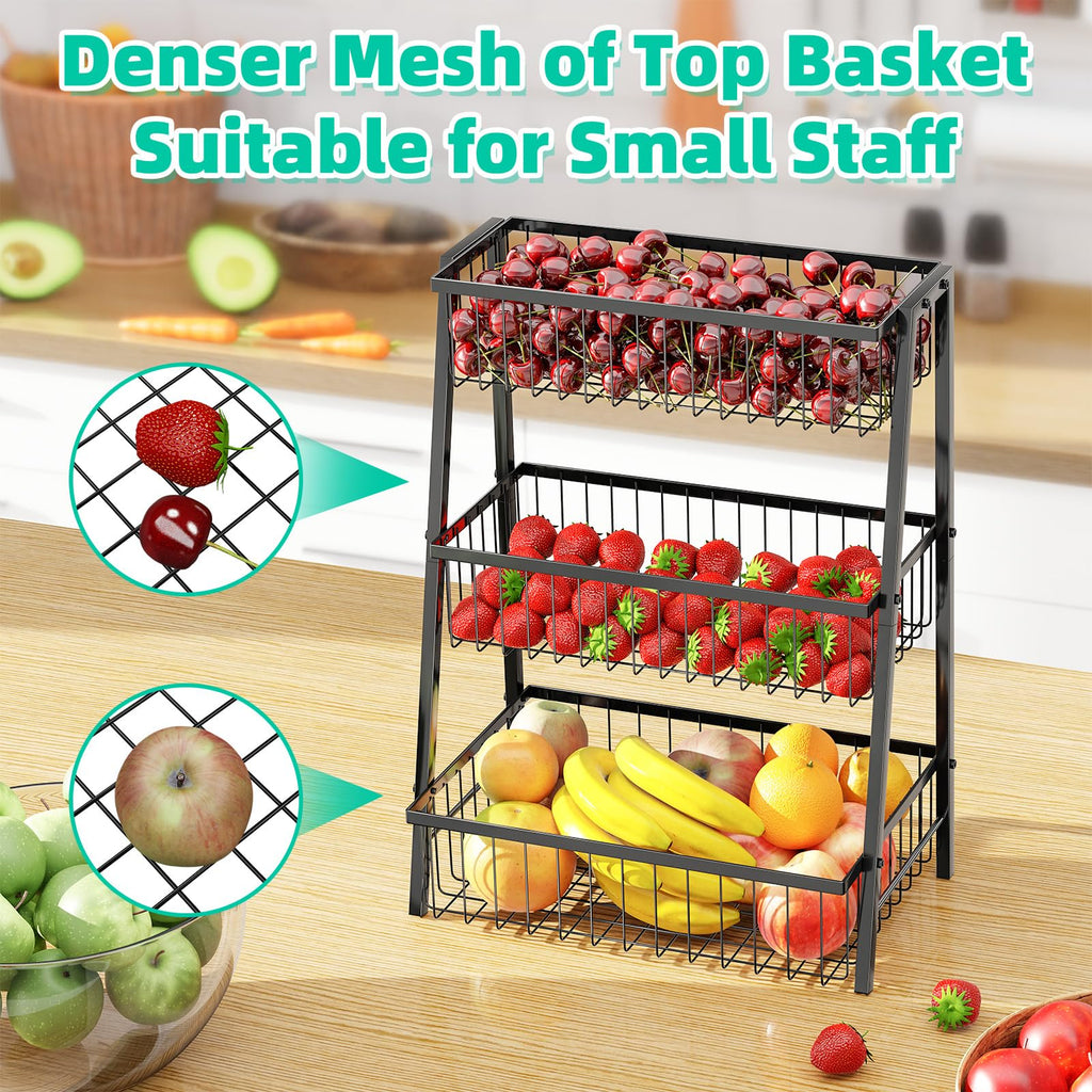 3-Tier Black Metal Wire Fruit Basket with Banana Hooks E508