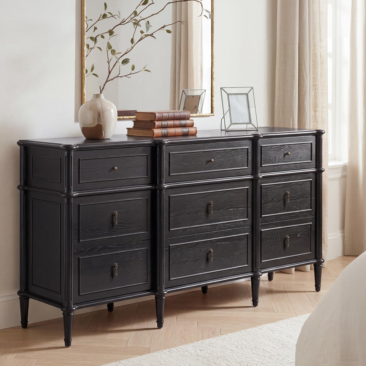 63" 9-Drawer Wood Dresser with Power Outlet, Black D651873
