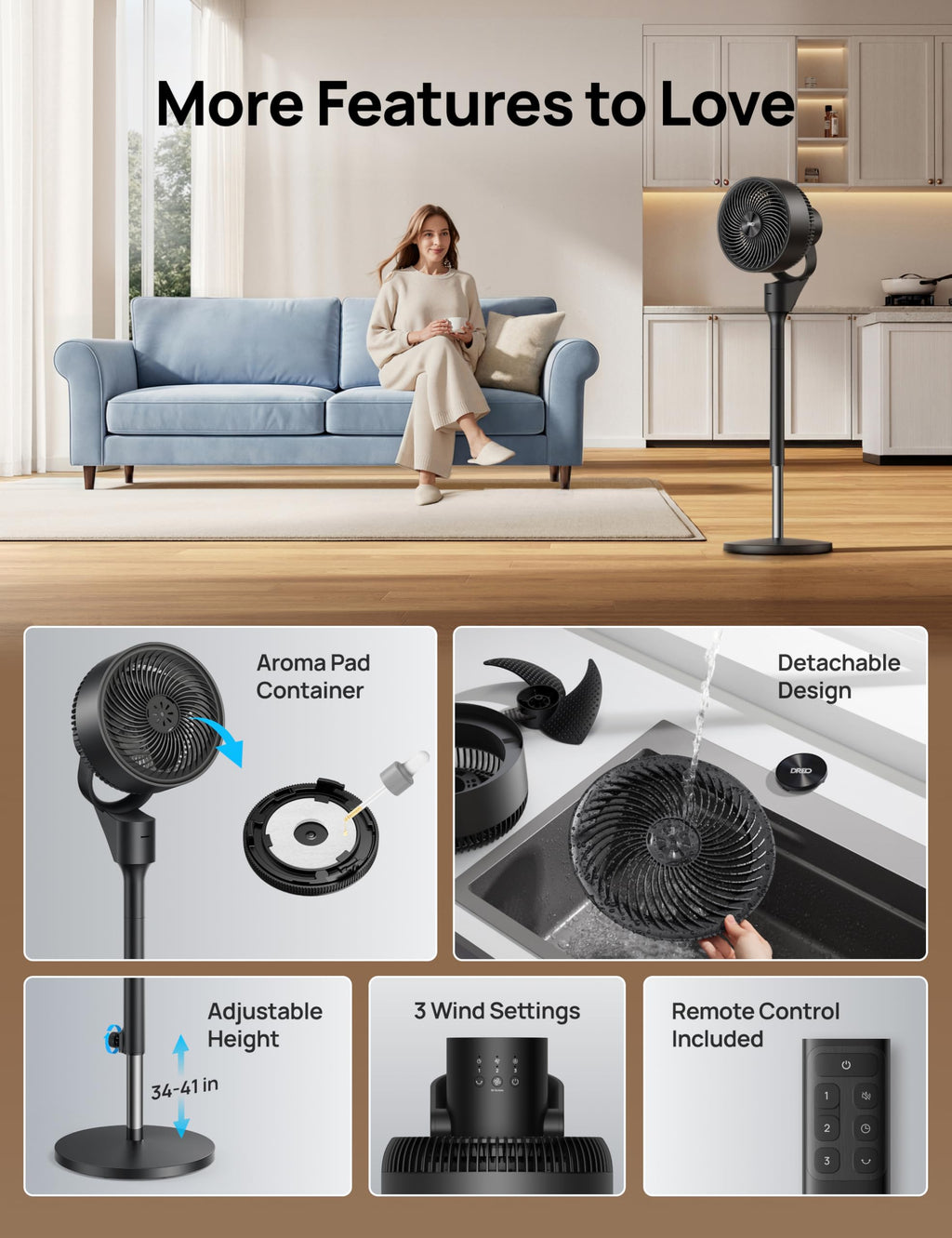 80° Oscillating Standing Fan, 20dB Quiet, 3 Speeds, Remote, Adjustable Height T145