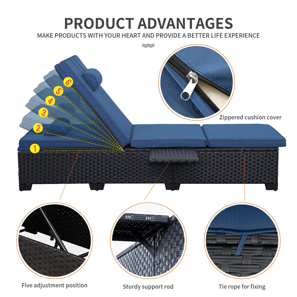 Black Wicker Chaise Lounge Chairs Set of 2 with Navy Blue Cushion D3758