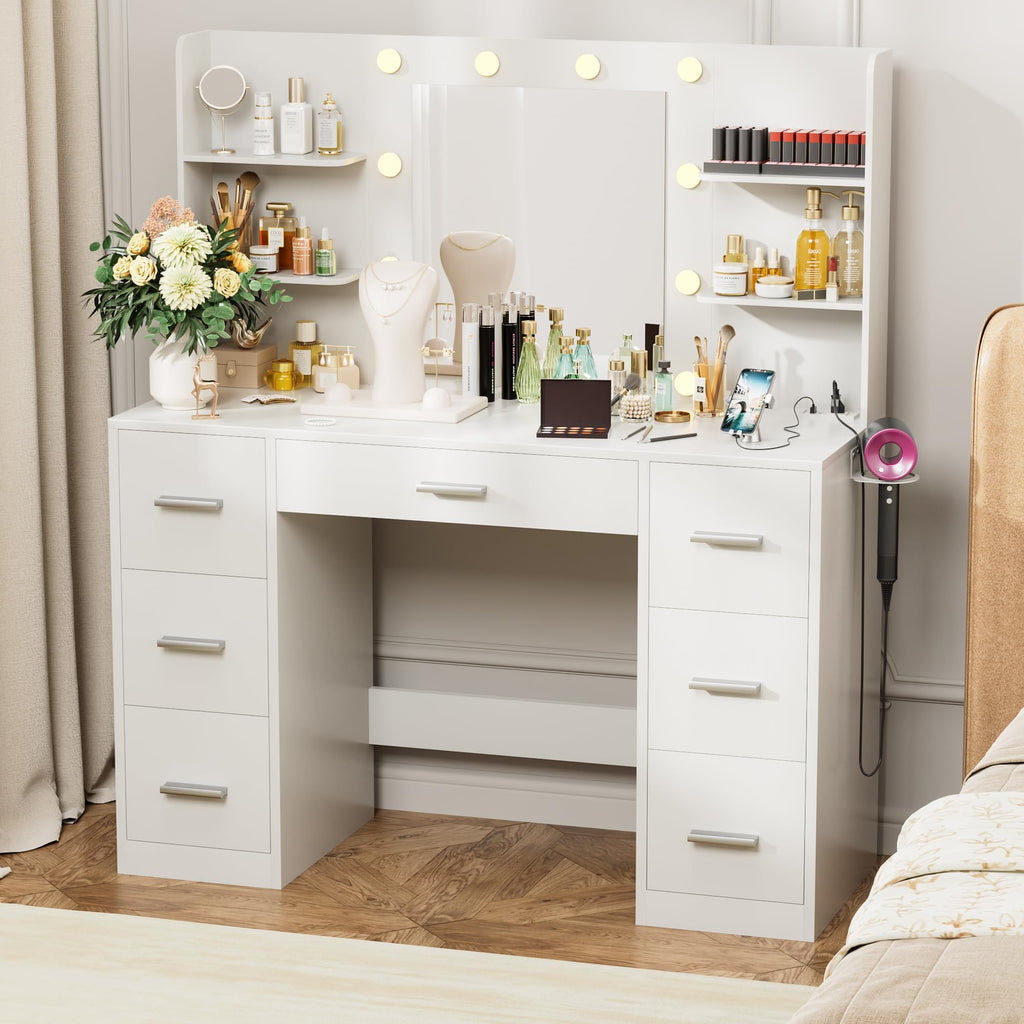 White Vanity Desk with Lighted Mirror and 7 Drawers G78447